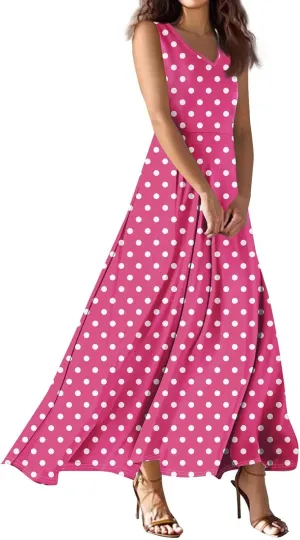Polka Dot Dress for Women V Neck Sleeveless Aline Flowy Ruffle Long Sun Dress,S-2XL