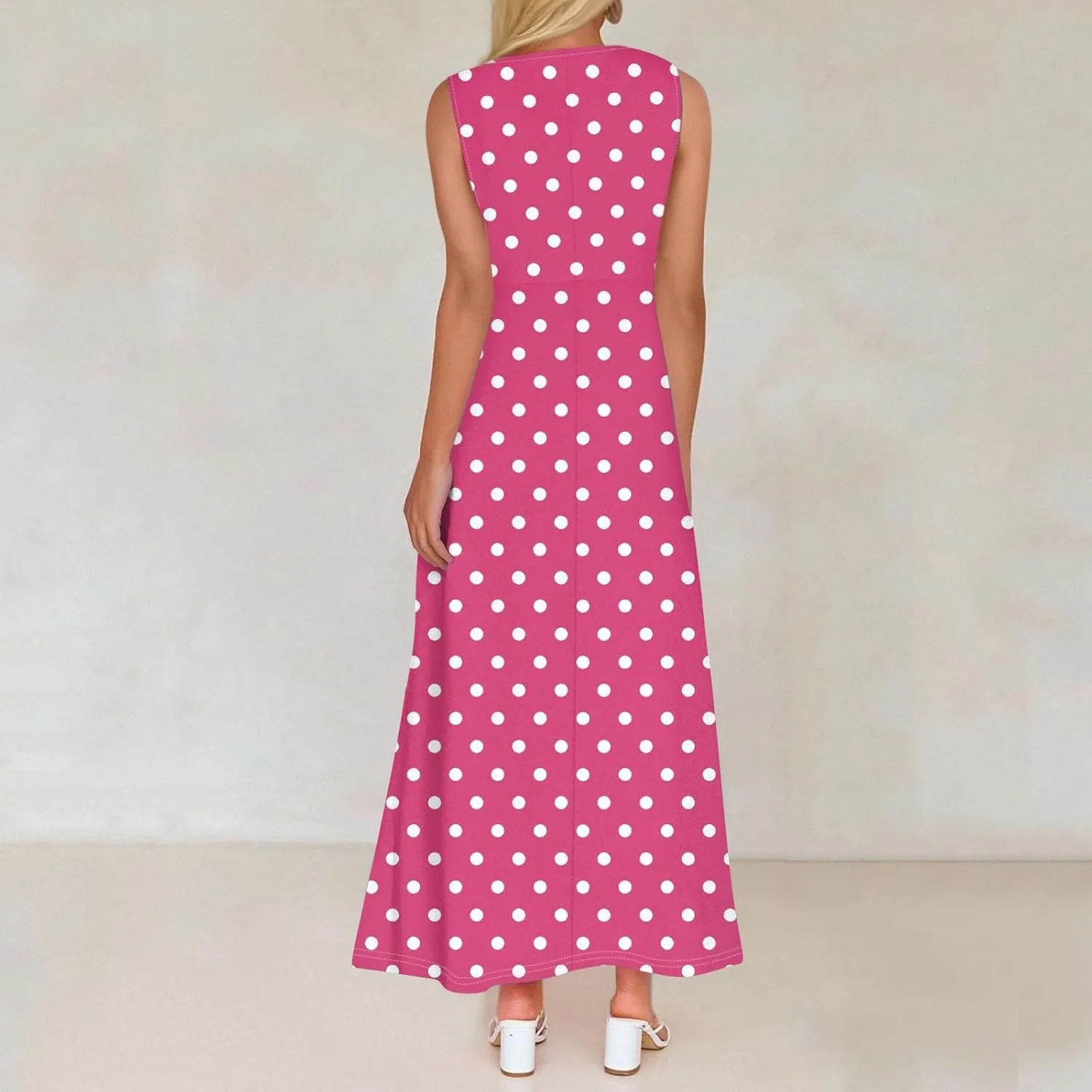 Polka Dot Dress for Women V Neck Sleeveless Aline Flowy Ruffle Long Sun Dress,S-2XL
