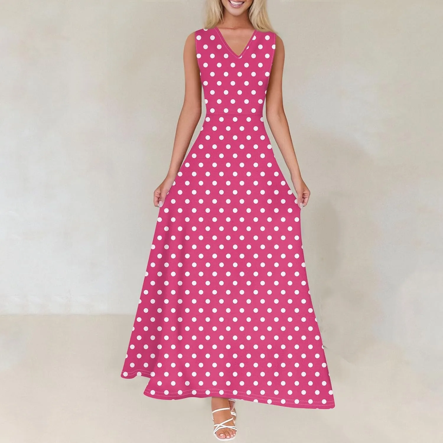 Polka Dot Dress for Women V Neck Sleeveless Aline Flowy Ruffle Long Sun Dress,S-2XL
