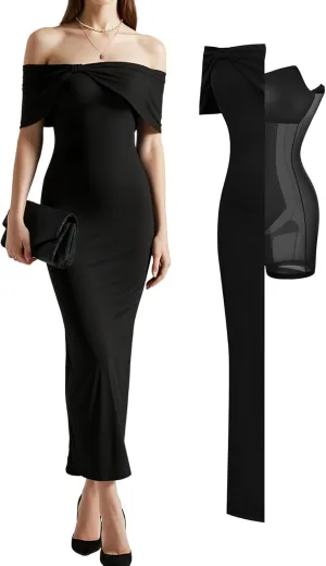 Popilush Off The Shoulder Maxi Dress Wedding Guest Formal Dresses for Women Sleeveless Bodycon Long Shapewear Prom Dress
