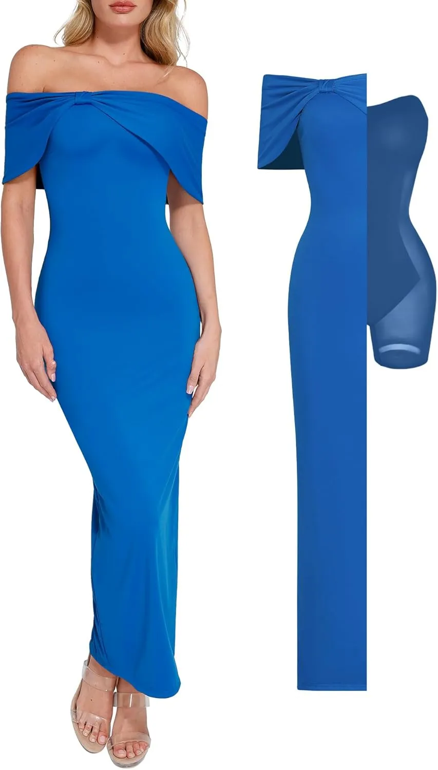 Popilush Off The Shoulder Maxi Dress Wedding Guest Formal Dresses for Women Sleeveless Bodycon Long Shapewear Prom Dress