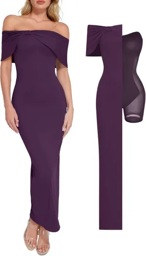 Popilush Off The Shoulder Maxi Dress Wedding Guest Formal Dresses for Women Sleeveless Bodycon Long Shapewear Prom Dress