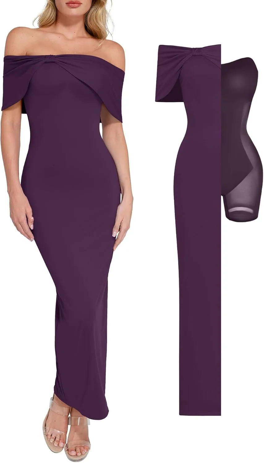 Popilush Off The Shoulder Maxi Dress Wedding Guest Formal Dresses for Women Sleeveless Bodycon Long Shapewear Prom Dress