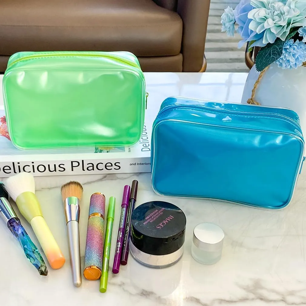 Pure Colour Transparent Glue Bone PVC Cosmetic Bag Organizer 7.09 x 2.56 x 4.72inch Waterproof Blue Makeup Bag for Toiletries, Clear Cosmetic Bag for Women (dark blue)