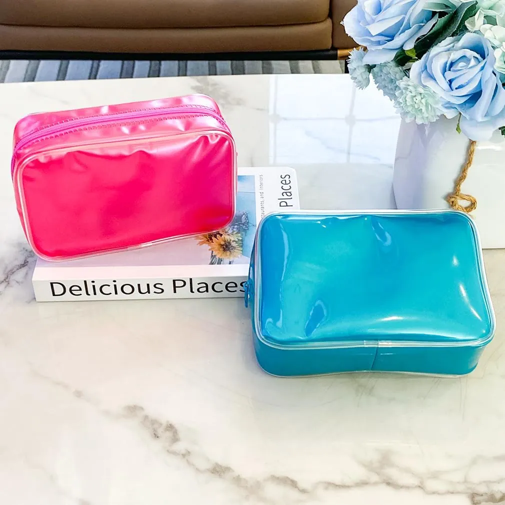 Pure Colour Transparent Glue Bone PVC Cosmetic Bag Organizer 7.09 x 2.56 x 4.72inch Waterproof Blue Makeup Bag for Toiletries, Clear Cosmetic Bag for Women (dark blue)
