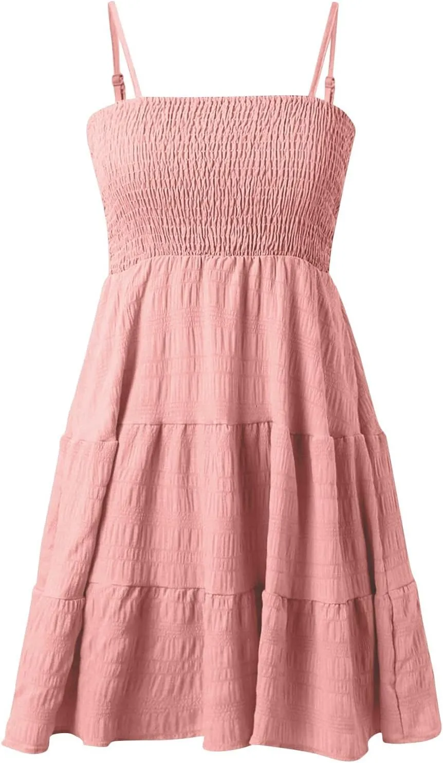 Resort Wear for Women 2025 Beach Vacation Spaghetti Strap Solid Elastic Waist Smocked Ruffle Hem Swing Dress, S-2Xl