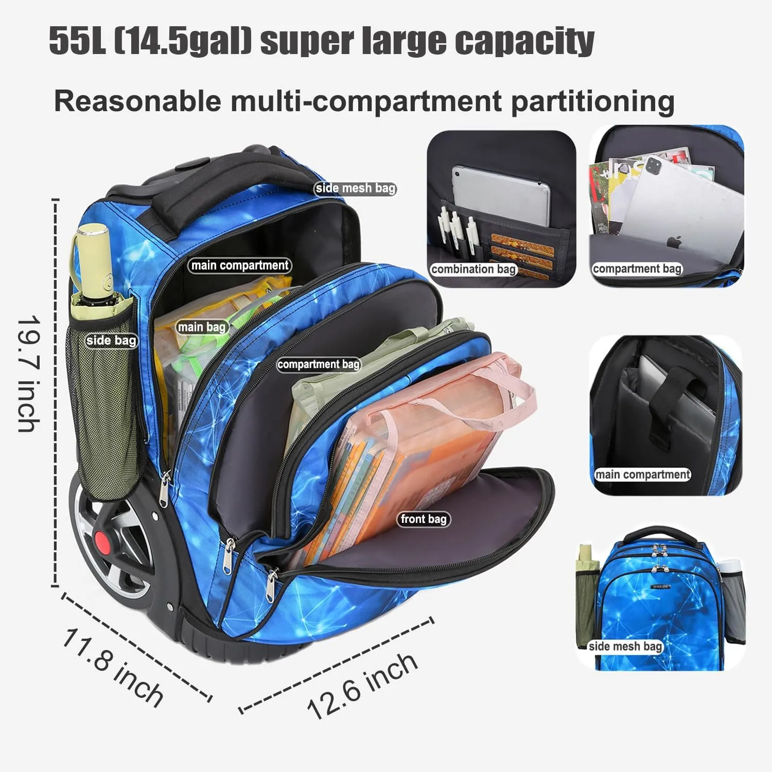 Rolling Backpack, 55L (14.5gal) Backpack with Wheels for Business, Waterproof Backpacks with Dual Handles and Silent Large Wheels, Carry on Backpack with Laptop Compartment (Black,22 inch)