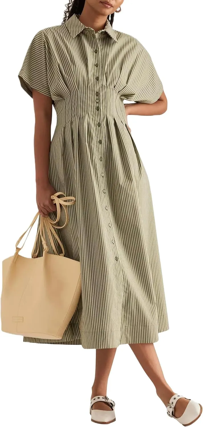 SAFRISIOR Women Button Front Pleated Mini Shirt Dress Summer Short Sleeve Striped Blouse Casual Corset Dresses