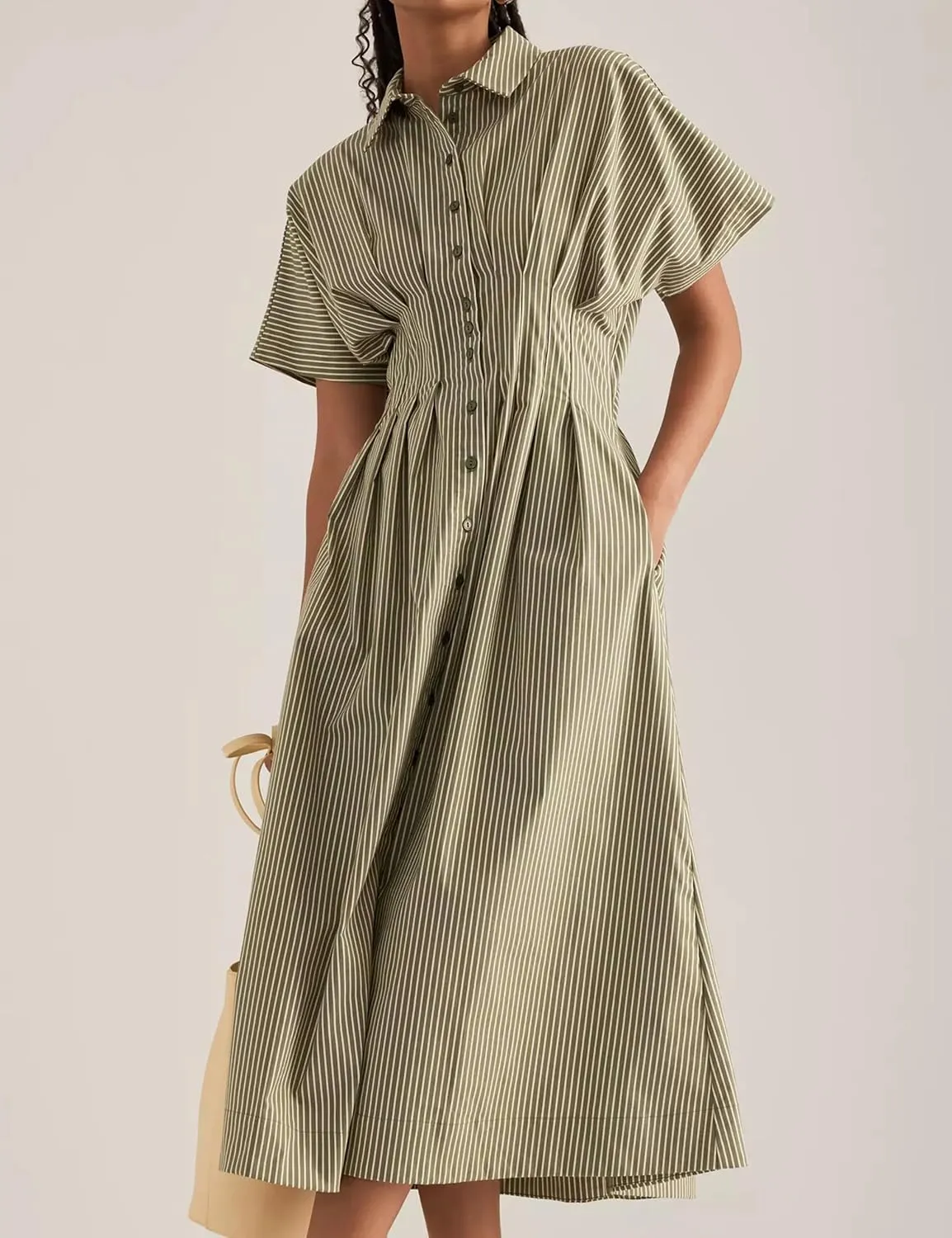 SAFRISIOR Women Button Front Pleated Mini Shirt Dress Summer Short Sleeve Striped Blouse Casual Corset Dresses