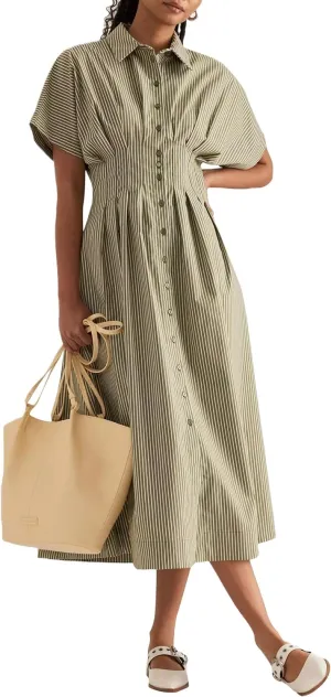 SAFRISIOR Women Button Front Pleated Mini Shirt Dress Summer Short Sleeve Striped Blouse Casual Corset Dresses