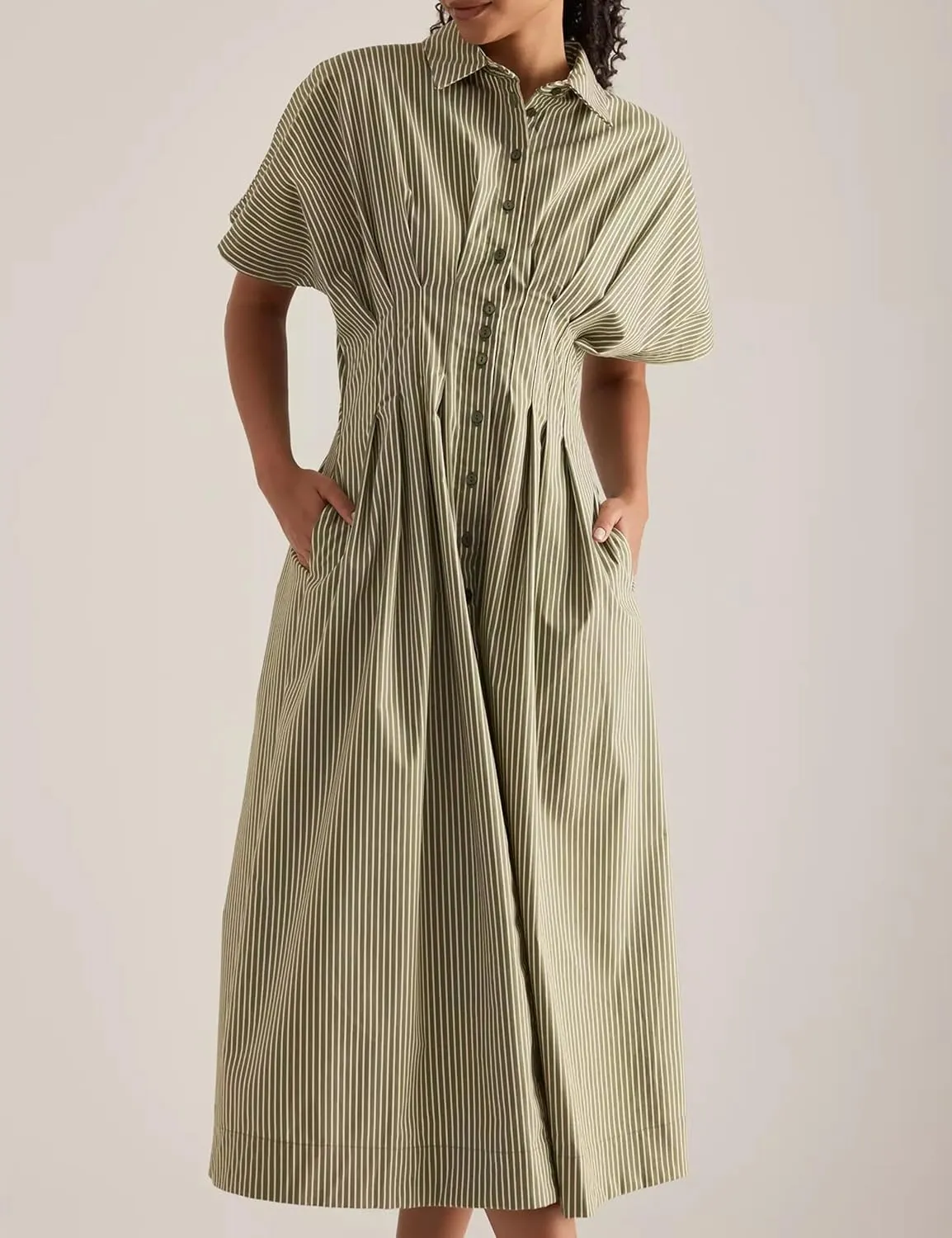 SAFRISIOR Women Button Front Pleated Mini Shirt Dress Summer Short Sleeve Striped Blouse Casual Corset Dresses