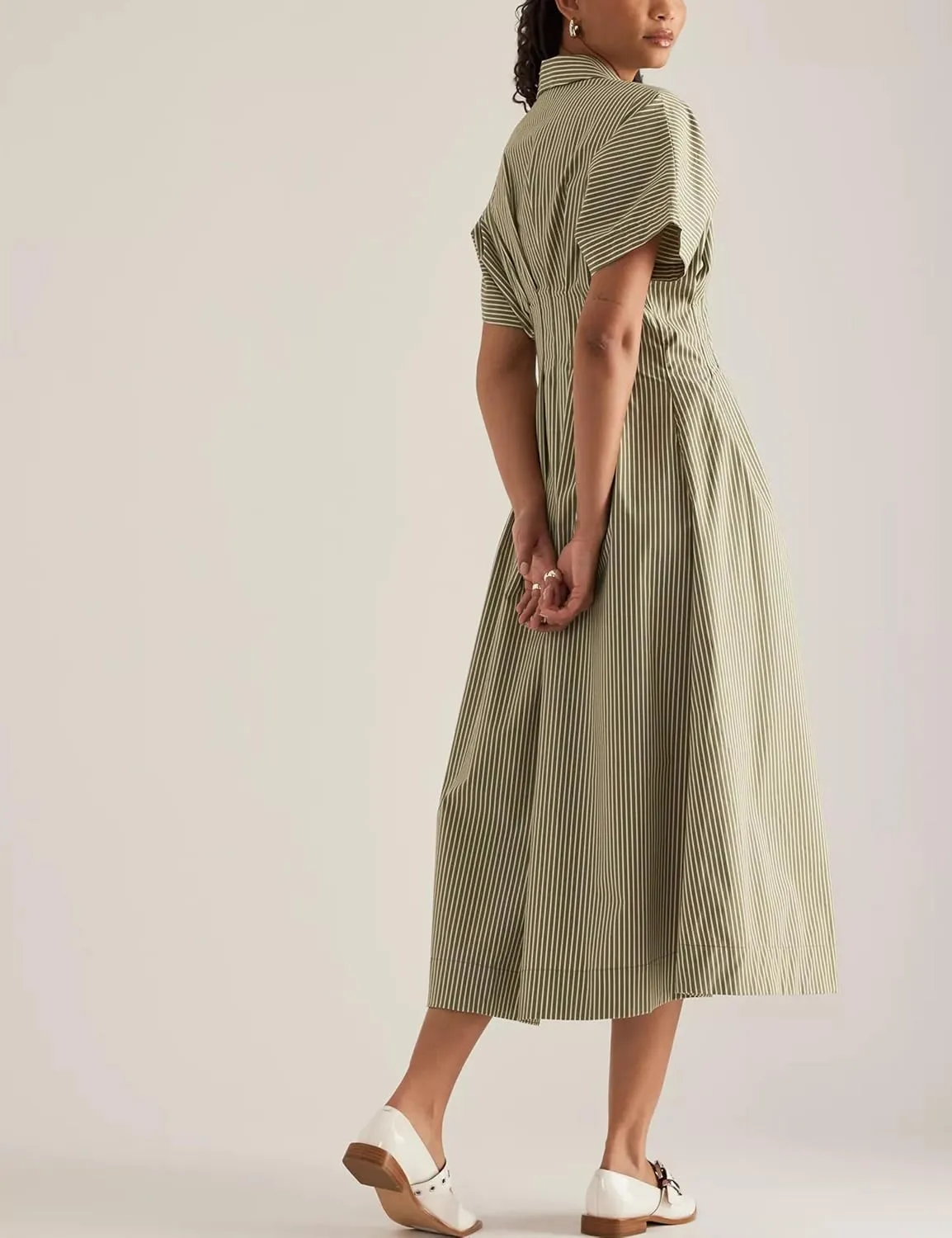 SAFRISIOR Women Button Front Pleated Mini Shirt Dress Summer Short Sleeve Striped Blouse Casual Corset Dresses