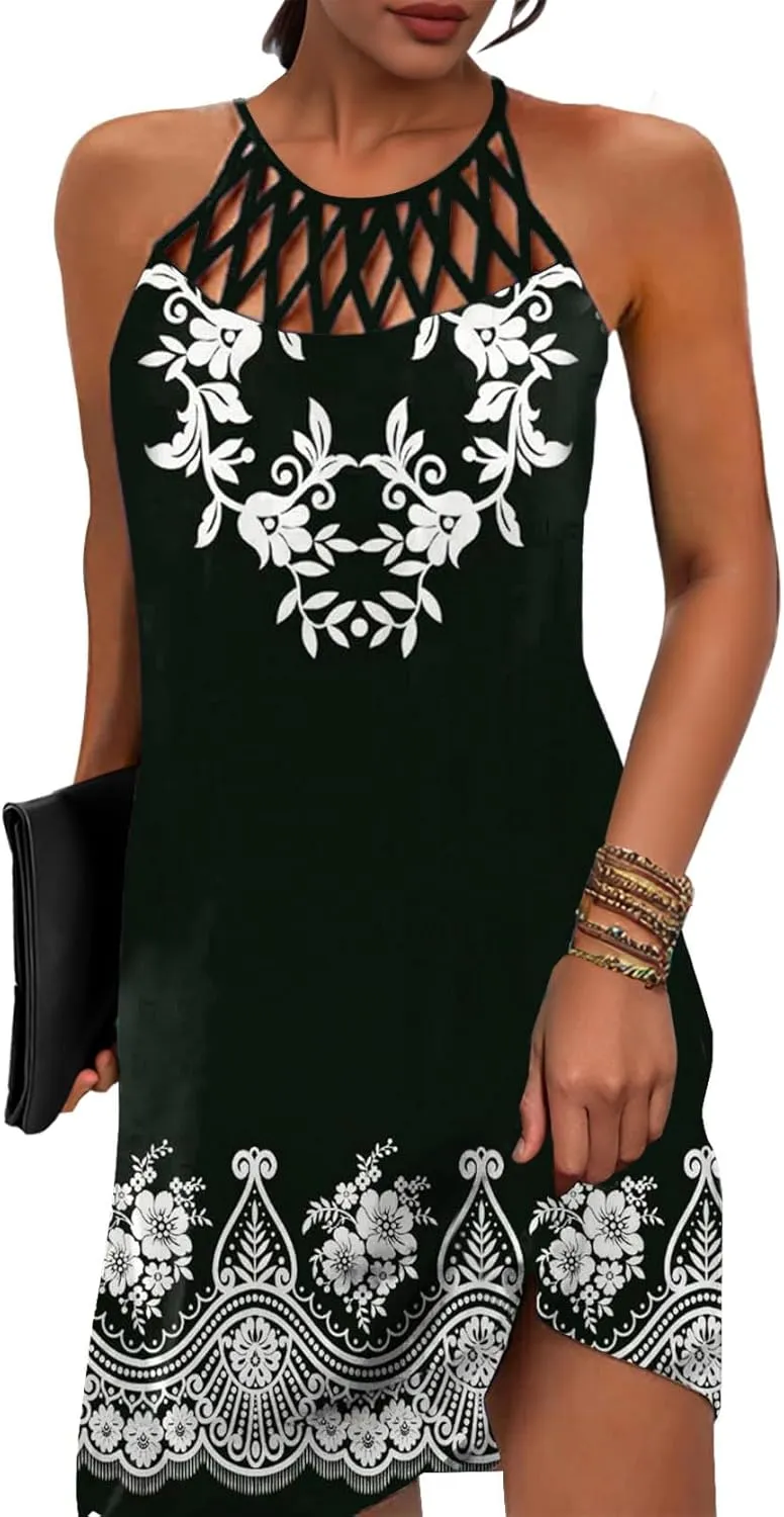 SAUKOLE Womens Summer Halter Neck Hollow Out Sleeveless Dress Floral Print Beach Boho Short Mini Sundresses