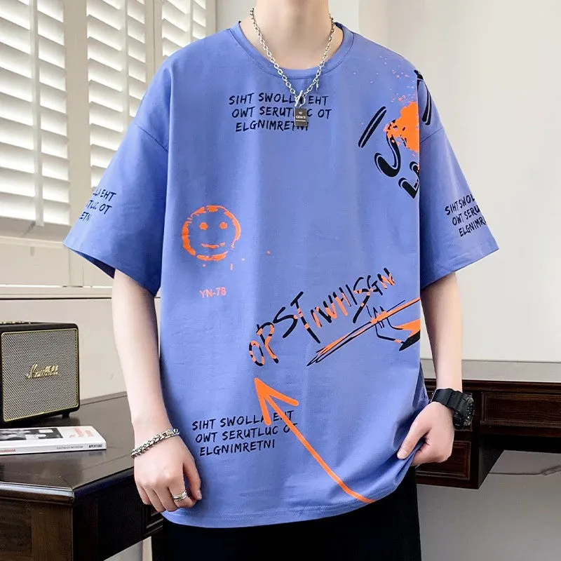 Semi two-piece round neck T-shirt men's loose tops