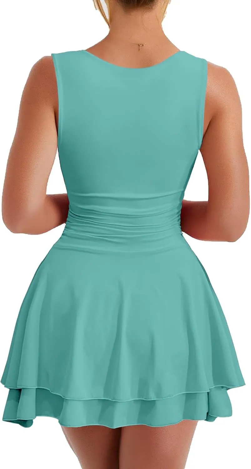 Sexy Dresses for Women 2025 Sleeveless Low Cut Corset Dress Ruffle Hem Boat Neck Mini Dress Party Club Dresses