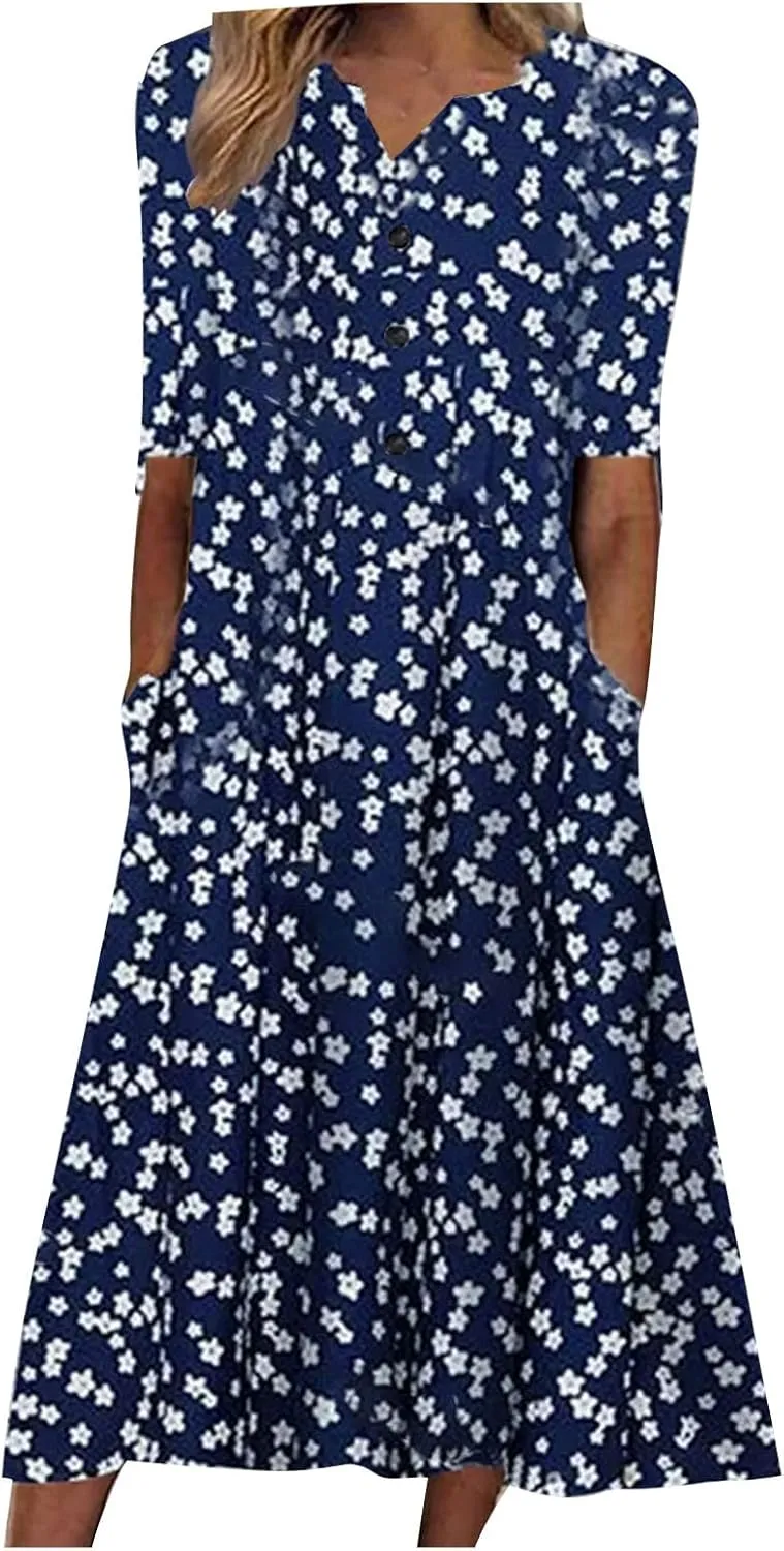 SGASY Summer Dresses for Women 2024 Plus Size Short Sleeve Button Down Boho Midi Sundress House Dress with Pockets