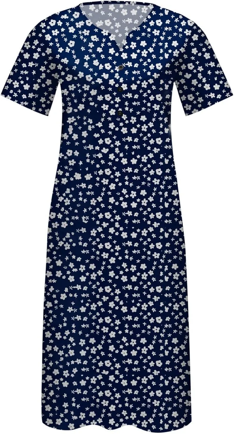 SGASY Summer Dresses for Women 2024 Plus Size Short Sleeve Button Down Boho Midi Sundress House Dress with Pockets
