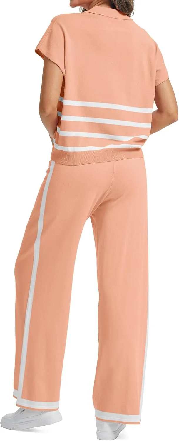 SHESHOW Lounge Sets for Women Stripe Knit Cap Sleeve Lapel Button Down Top and Wide Leg Pants 2 Piece Outfits S-XXL