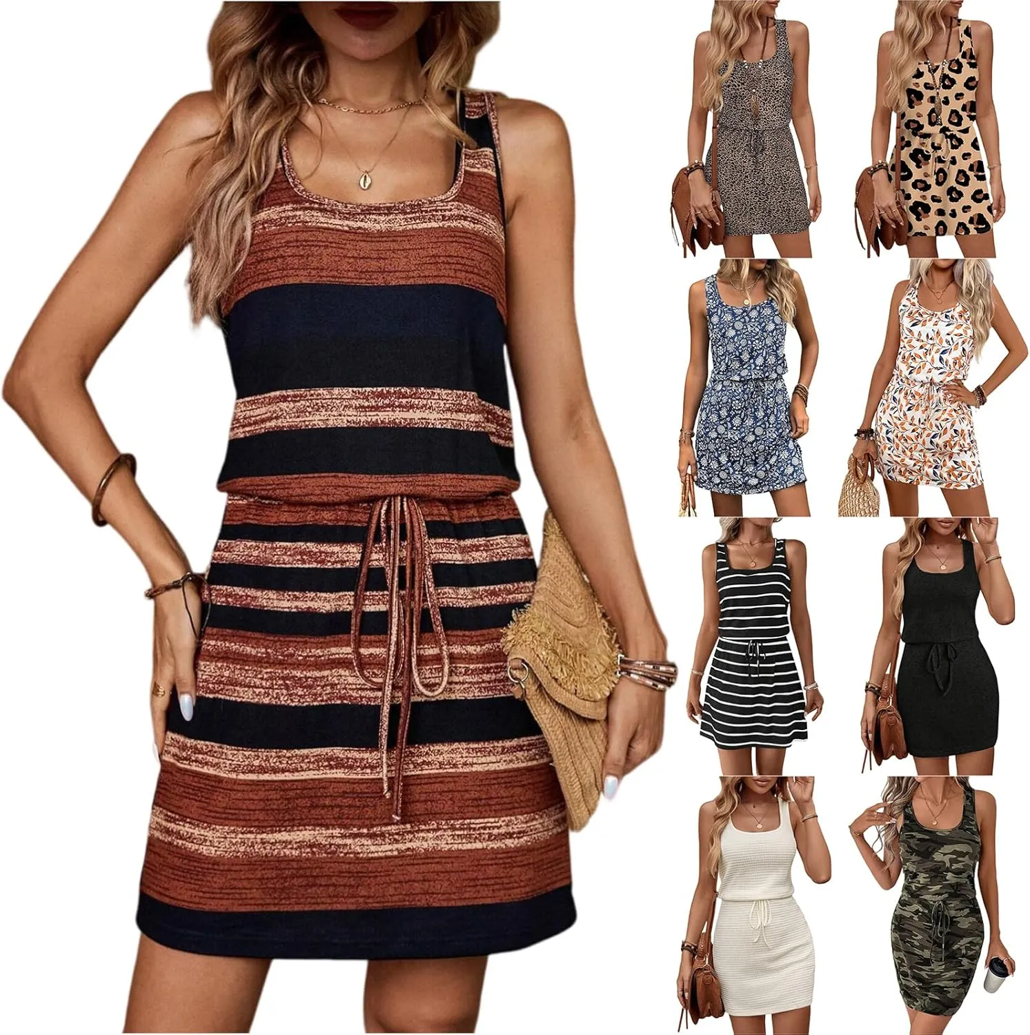 Short Summer Dresses for Women 2025 Trendy Cinch Waist Mini Dress Casual Sleeveless Drawstring U Neck Beach Sundresses