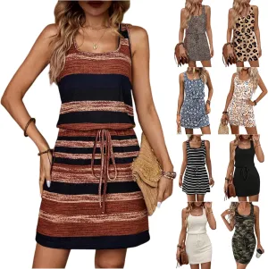 Short Summer Dresses for Women 2025 Trendy Cinch Waist Mini Dress Casual Sleeveless Drawstring U Neck Beach Sundresses