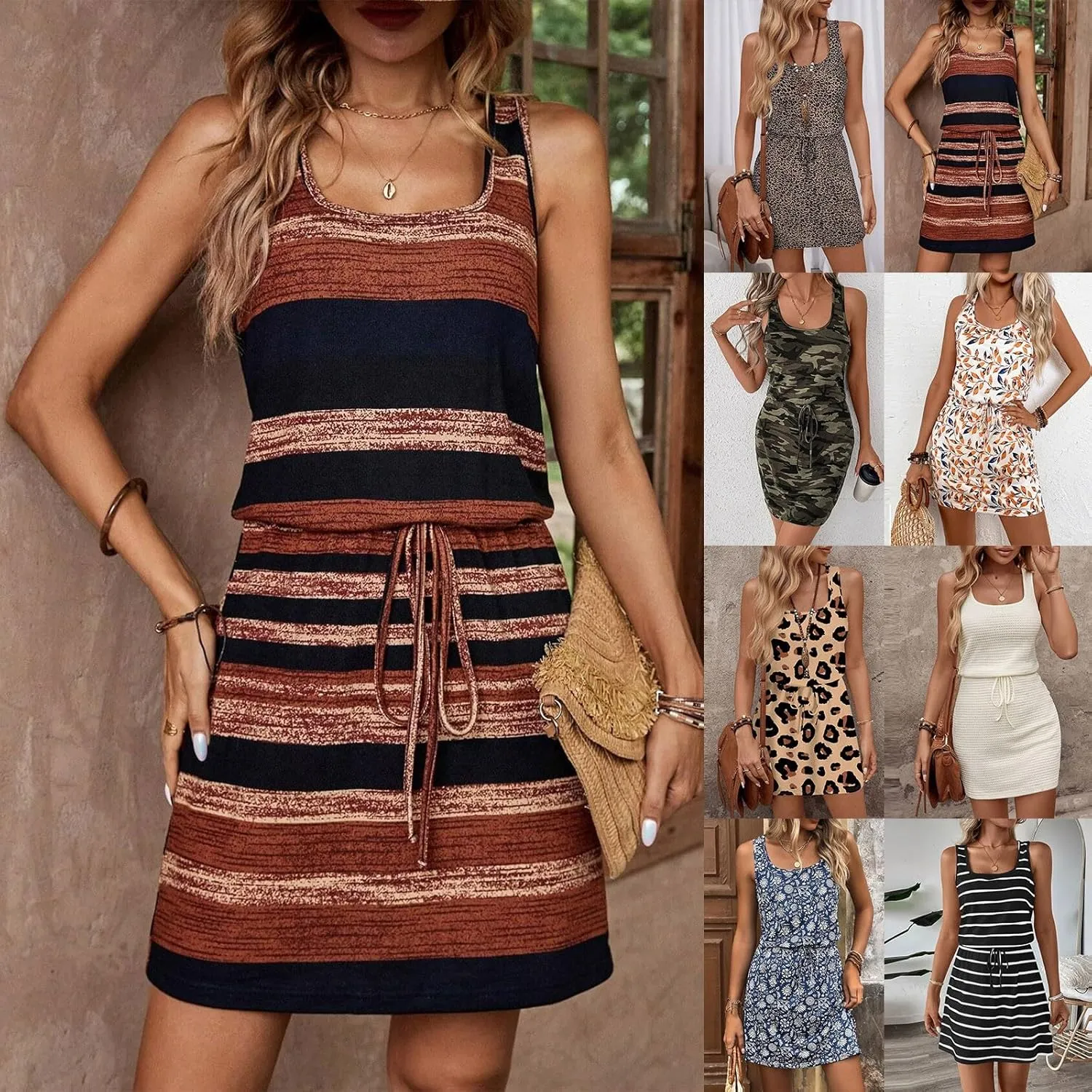 Short Summer Dresses for Women 2025 Trendy Cinch Waist Mini Dress Casual Sleeveless Drawstring U Neck Beach Sundresses