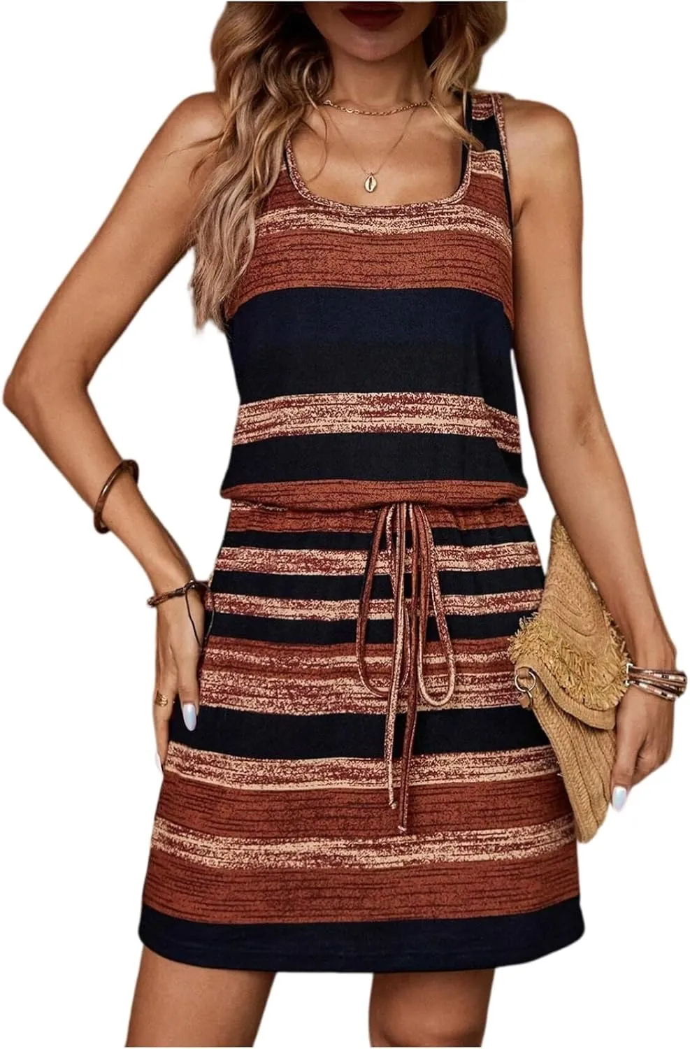 Short Summer Dresses for Women 2025 Trendy Cinch Waist Mini Dress Casual Sleeveless Drawstring U Neck Beach Sundresses