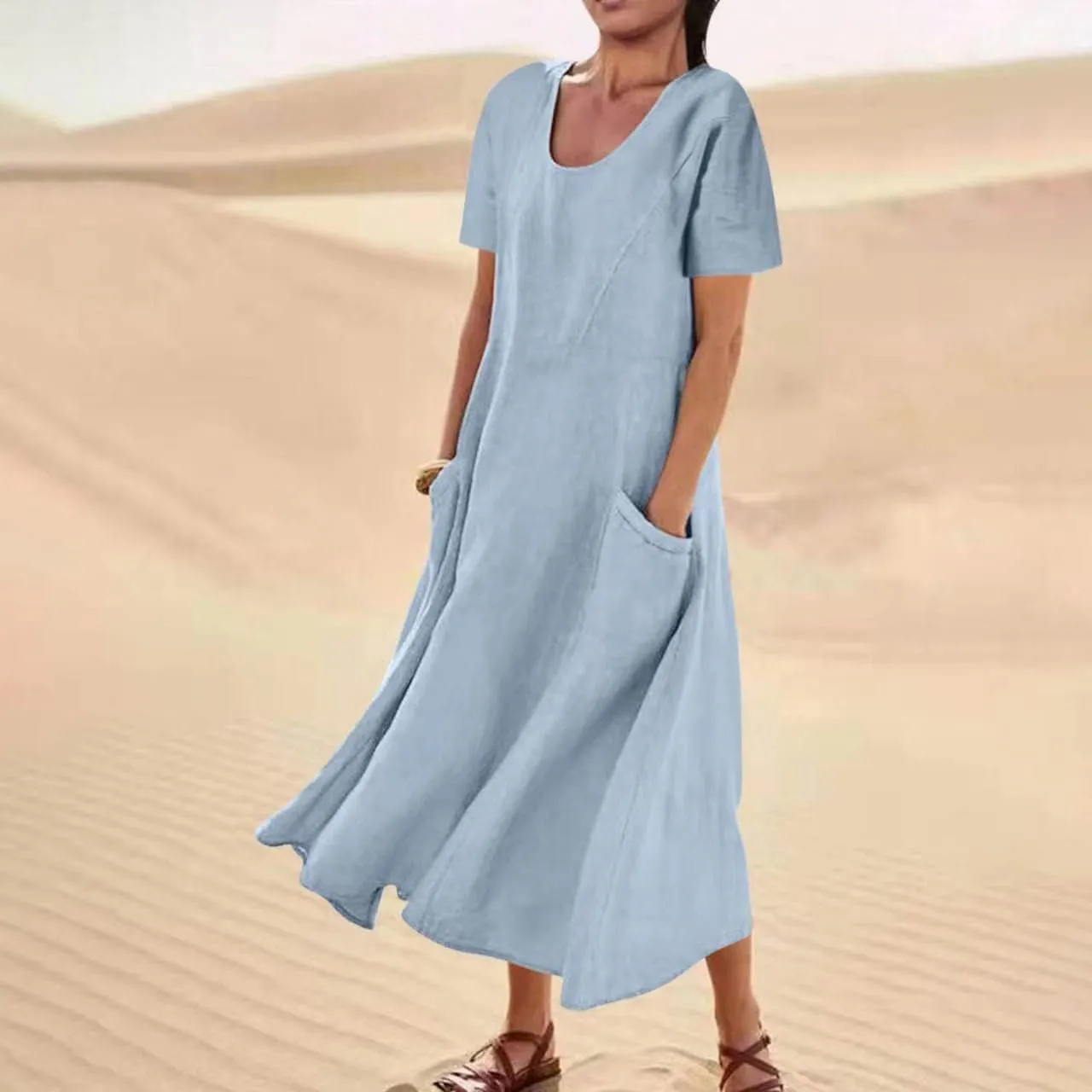 Sinzelimin Women Summer Dresses Boho Fashion Solid Color Cotton Linen Midi Dress Plus Size Loose Casual Pocket Beach Sundress