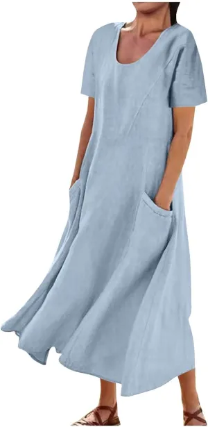 Sinzelimin Women Summer Dresses Boho Fashion Solid Color Cotton Linen Midi Dress Plus Size Loose Casual Pocket Beach Sundress