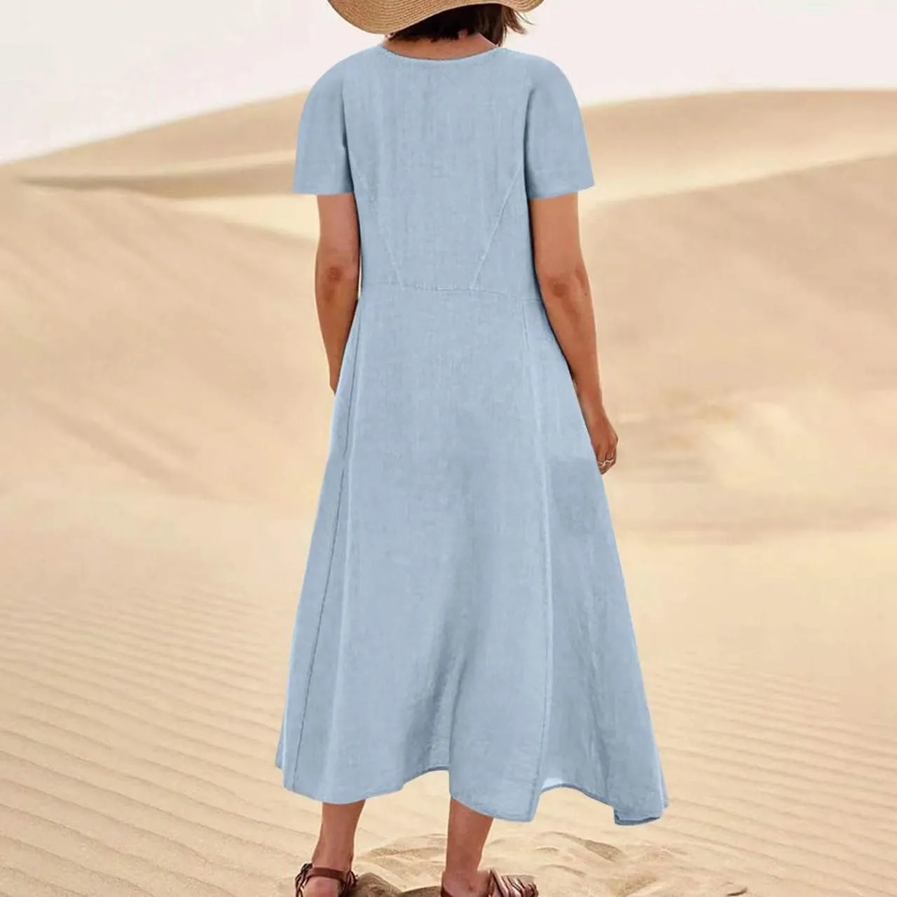 Sinzelimin Women Summer Dresses Boho Fashion Solid Color Cotton Linen Midi Dress Plus Size Loose Casual Pocket Beach Sundress