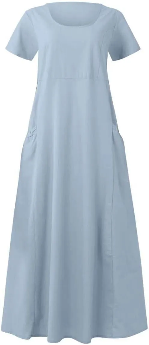 Sinzelimin Women Summer Dresses Boho Fashion Solid Color Cotton Linen Midi Dress Plus Size Loose Casual Pocket Beach Sundress