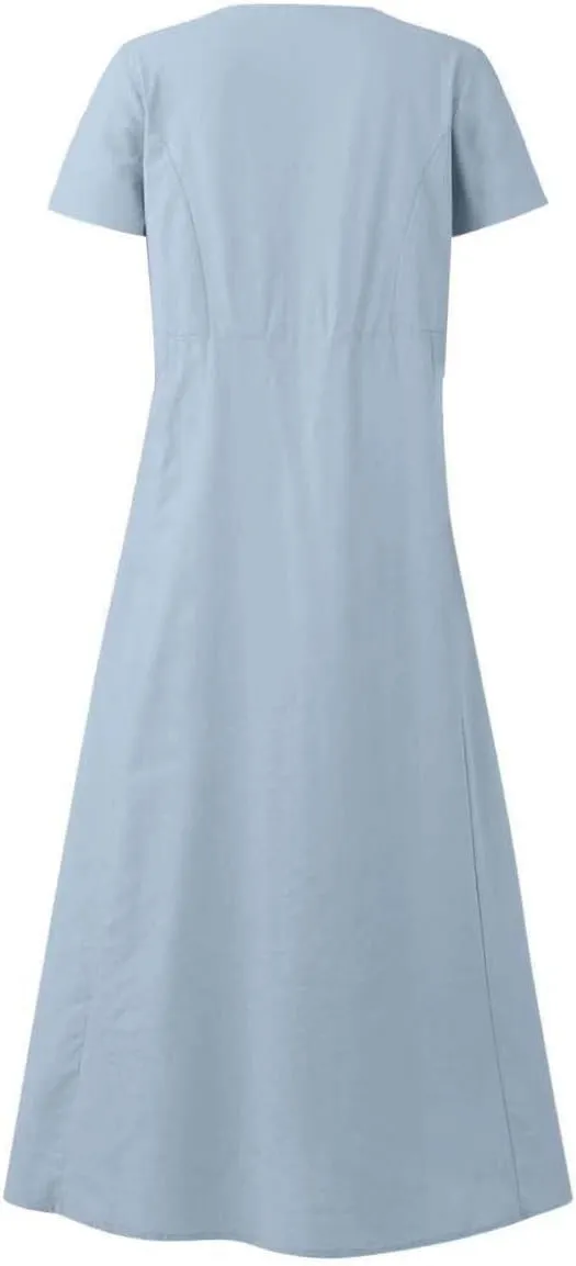 Sinzelimin Women Summer Dresses Boho Fashion Solid Color Cotton Linen Midi Dress Plus Size Loose Casual Pocket Beach Sundress