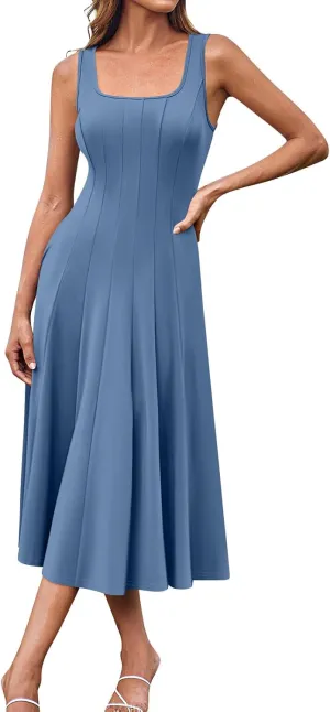 Square Neck Dress for Women,2025 Summer Casual Dress Sleeveless Pleated Tank Dress Mid Length A Line Vacation Dress