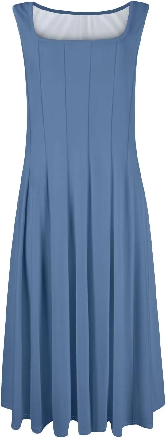Square Neck Dress for Women,2025 Summer Casual Dress Sleeveless Pleated Tank Dress Mid Length A Line Vacation Dress