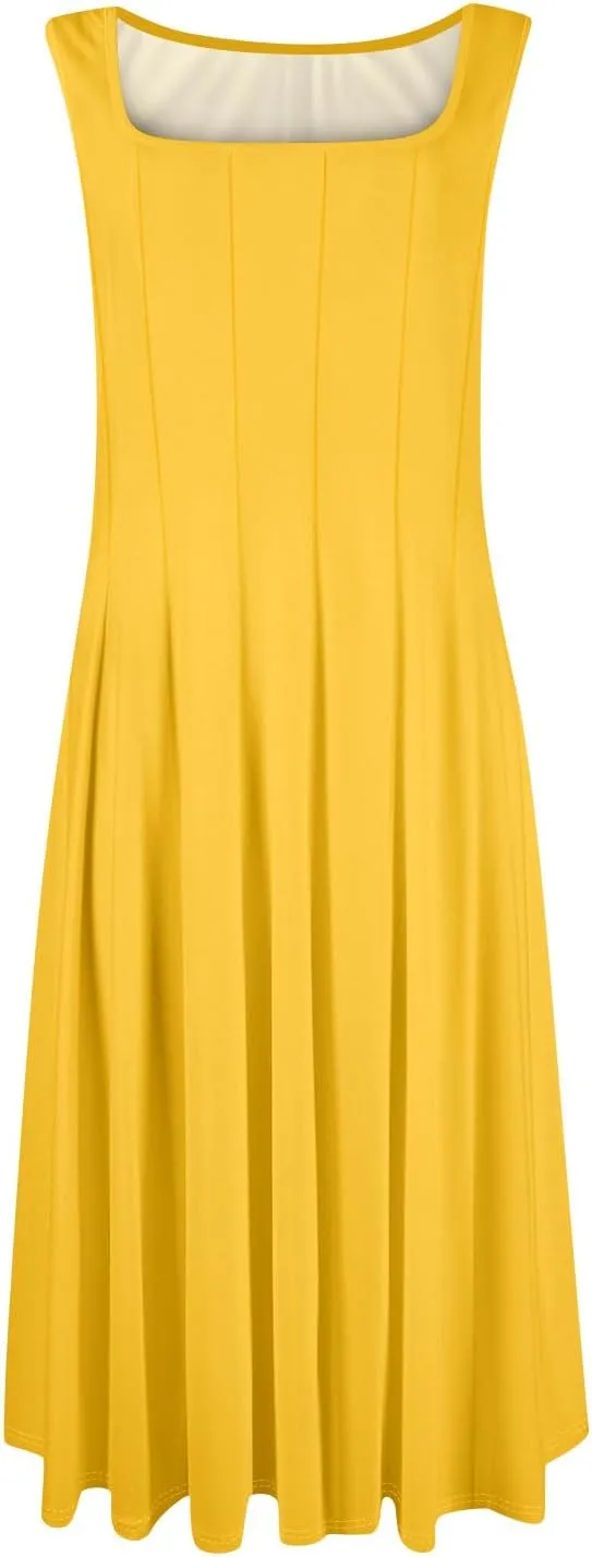 Square Neck Dress for Women,2025 Summer Casual Dress Sleeveless Pleated Tank Dress Mid Length A Line Vacation Dress