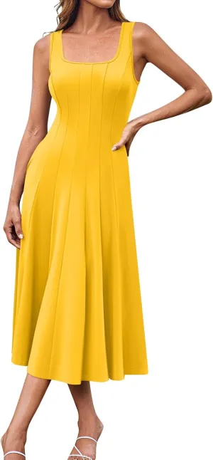 Square Neck Dress for Women,2025 Summer Casual Dress Sleeveless Pleated Tank Dress Mid Length A Line Vacation Dress