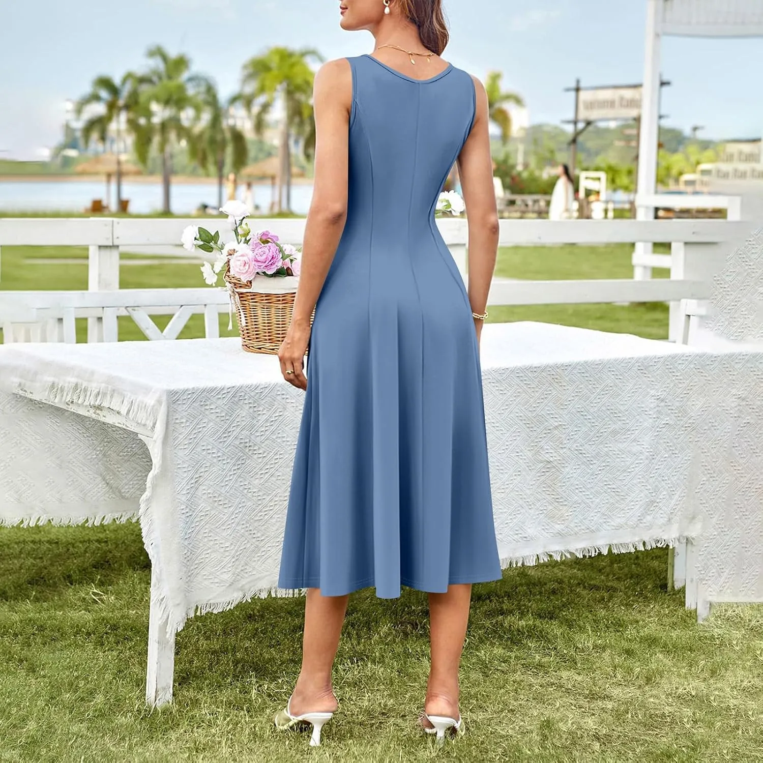 Square Neck Dress for Women,2025 Summer Casual Dress Sleeveless Pleated Tank Dress Mid Length A Line Vacation Dress