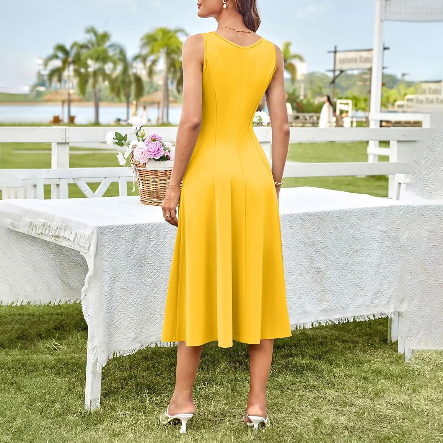 Square Neck Dress for Women,2025 Summer Casual Dress Sleeveless Pleated Tank Dress Mid Length A Line Vacation Dress