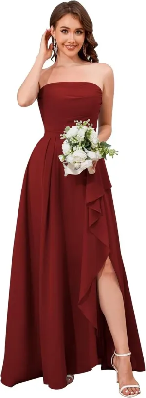 Strapless Chiffon Bridesmaid Dresses for Women Detachable Straps Ruffle Formal Evening Gowns with Slit