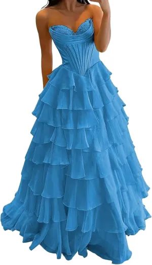 Strapless Corset Prom Dresses for Women 2025 Long Tiered Ruffle Chiffon Formal Party Evening Gown Tulle Dress with Slit