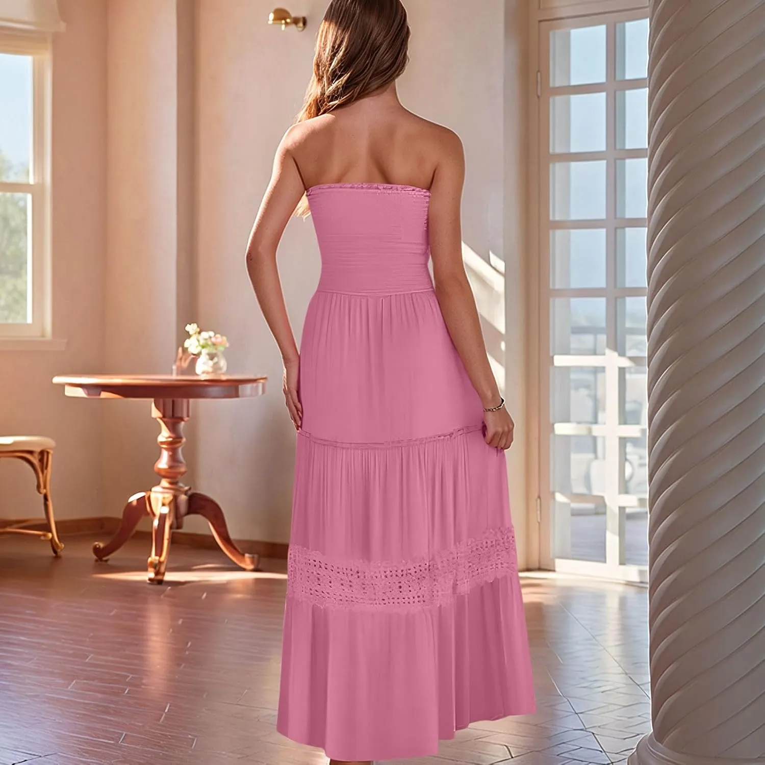 Strapless Maxi Dress Summer Smocked Ruffle Empire Waist A Line Dress Boho Beach Vacation Long Flowy Tube Dresses