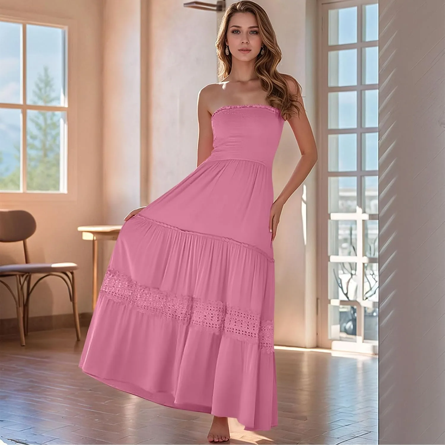 Strapless Maxi Dress Summer Smocked Ruffle Empire Waist A Line Dress Boho Beach Vacation Long Flowy Tube Dresses