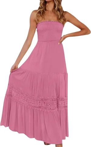 Strapless Maxi Dress Summer Smocked Ruffle Empire Waist A Line Dress Boho Beach Vacation Long Flowy Tube Dresses
