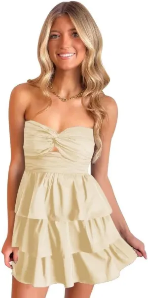 Strapless Satin Short Homecoming Dresses Tiered Prom Party Mini Dress for Teens A-line Cocktail Dresses for Women