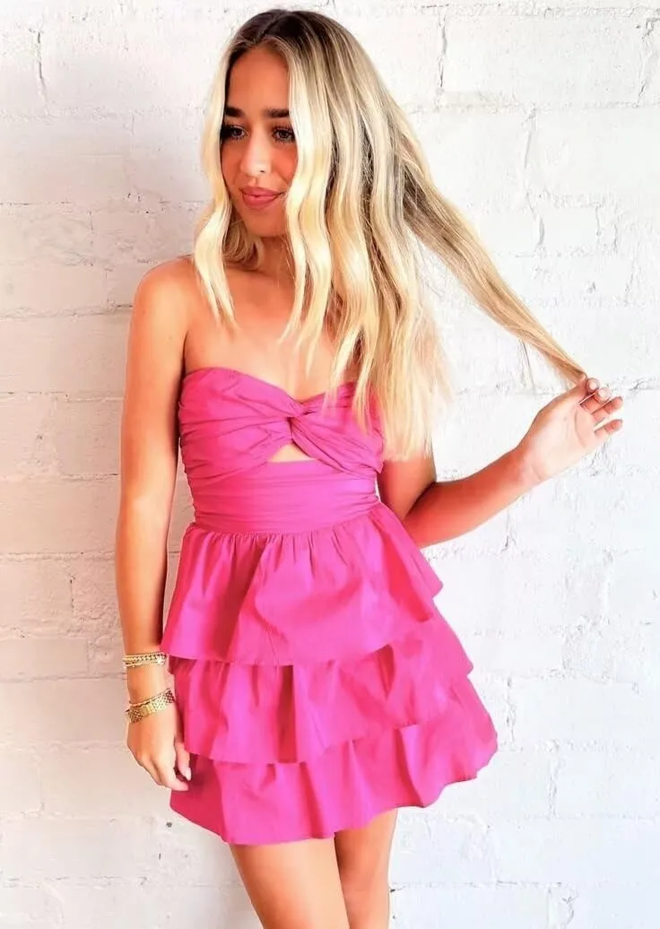 Strapless Satin Short Homecoming Dresses Tiered Prom Party Mini Dress for Teens A-line Cocktail Dresses for Women