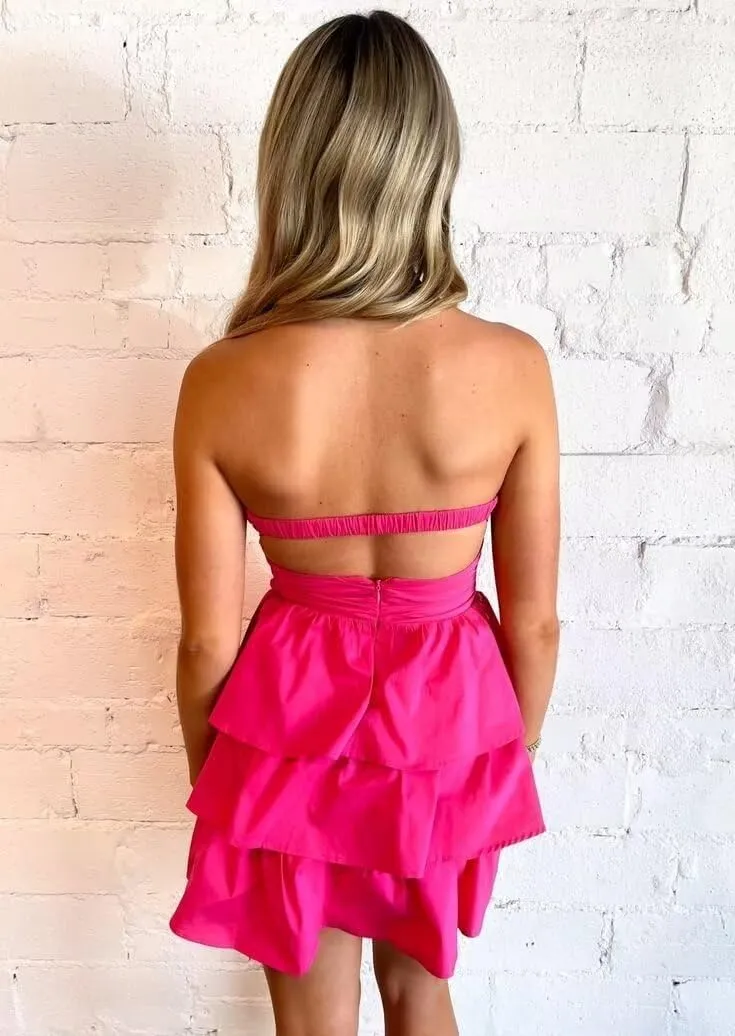 Strapless Satin Short Homecoming Dresses Tiered Prom Party Mini Dress for Teens A-line Cocktail Dresses for Women