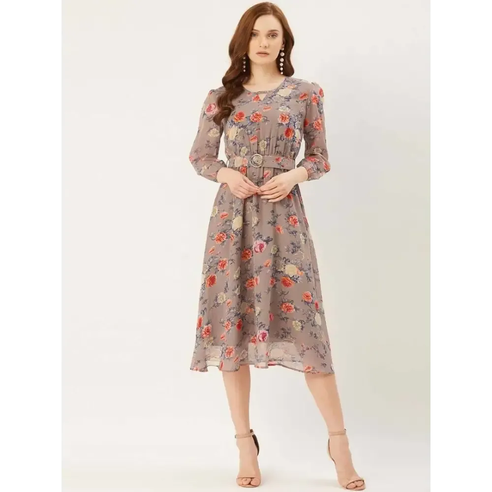 Stylish Georgette Khaki Floral Print 3/4 Sleeves Key Hole Neck Dress For Women