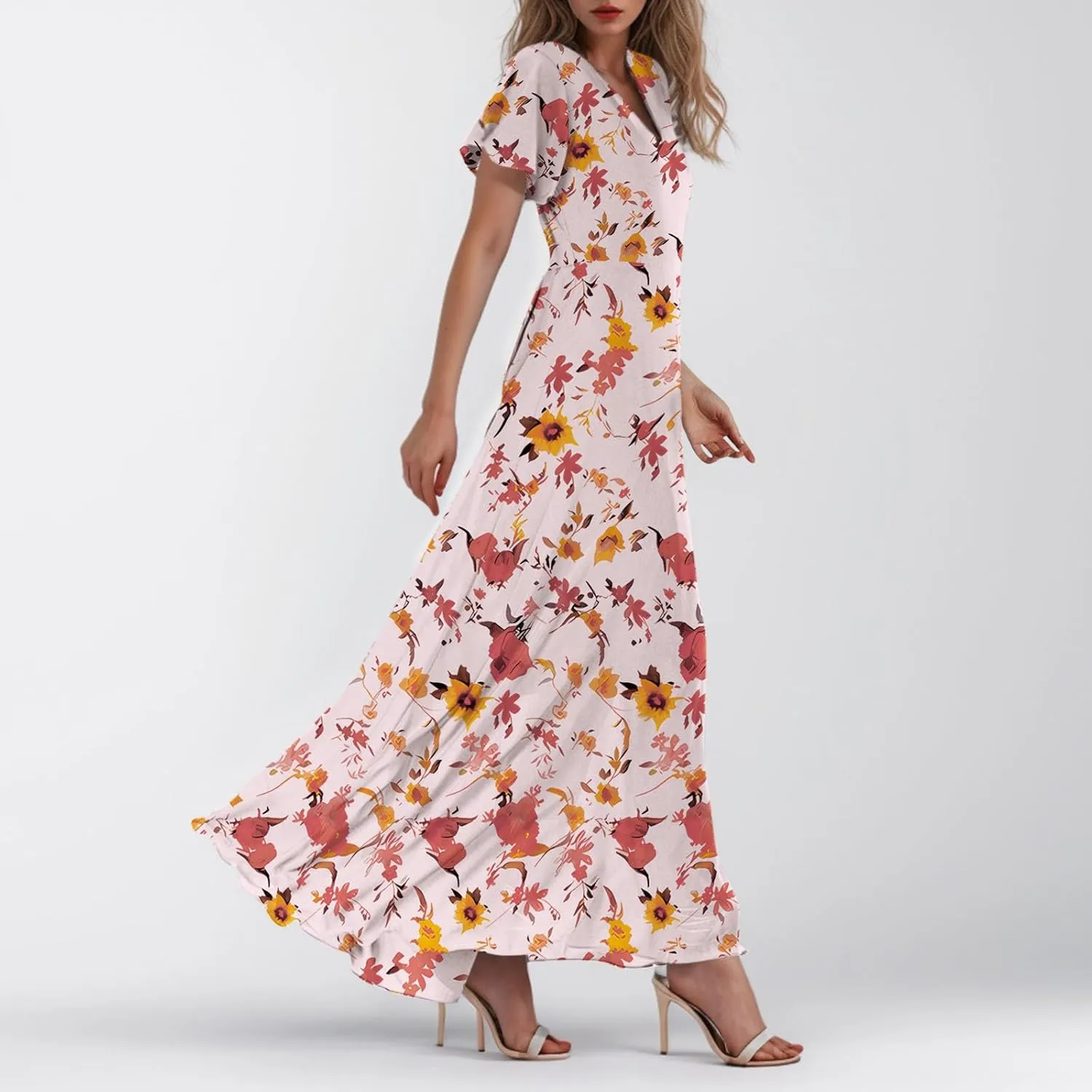 Summer Dress for Women Swing Flowy Ruffle Hem Dresses Short Sleeve Wrap V Neck Chiffon Boho Floral Maxi Dresses