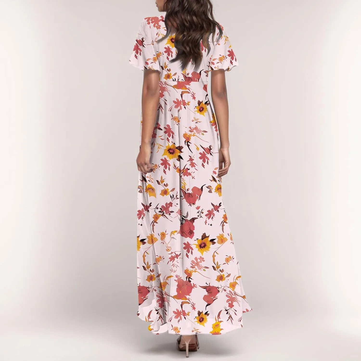 Summer Dress for Women Swing Flowy Ruffle Hem Dresses Short Sleeve Wrap V Neck Chiffon Boho Floral Maxi Dresses