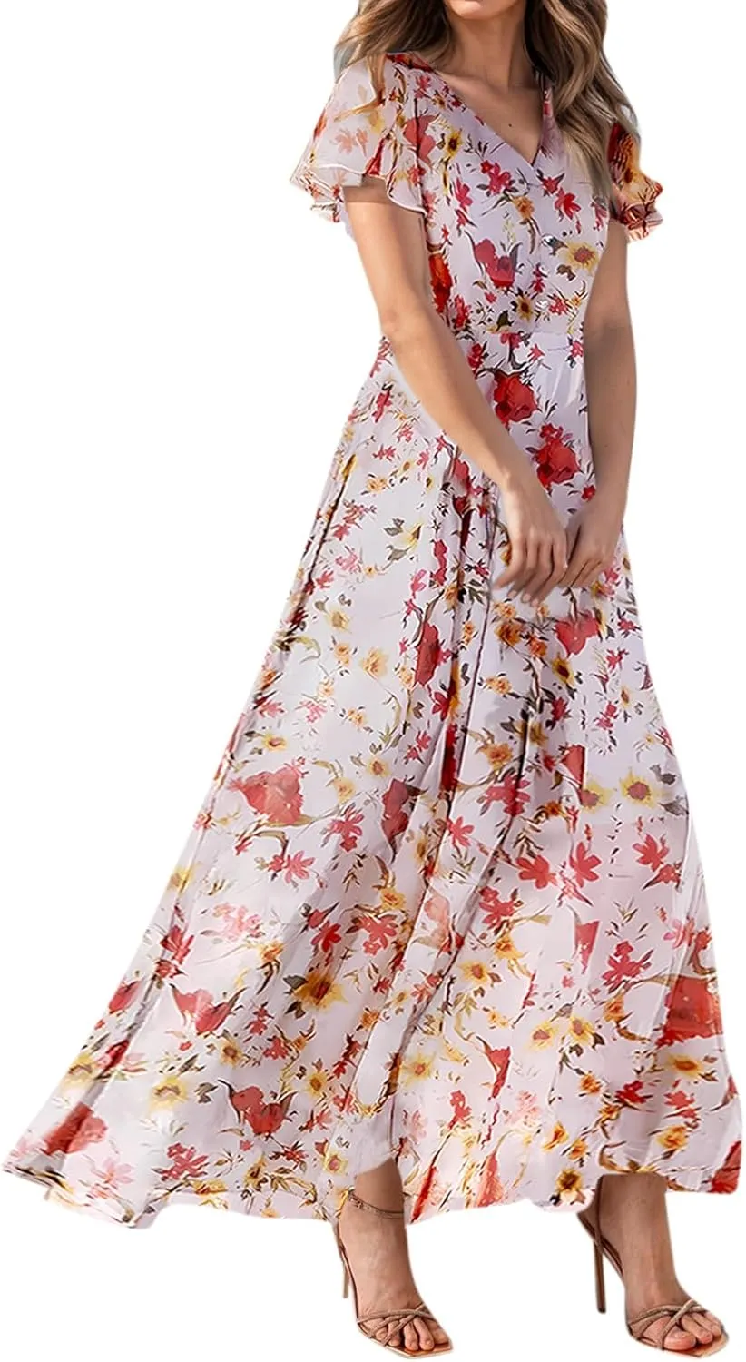 Summer Dress for Women Swing Flowy Ruffle Hem Dresses Short Sleeve Wrap V Neck Chiffon Boho Floral Maxi Dresses
