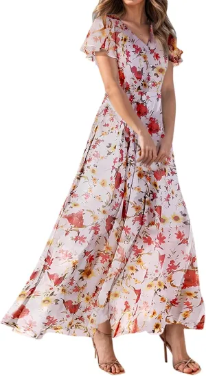 Summer Dress for Women Swing Flowy Ruffle Hem Dresses Short Sleeve Wrap V Neck Chiffon Boho Floral Maxi Dresses